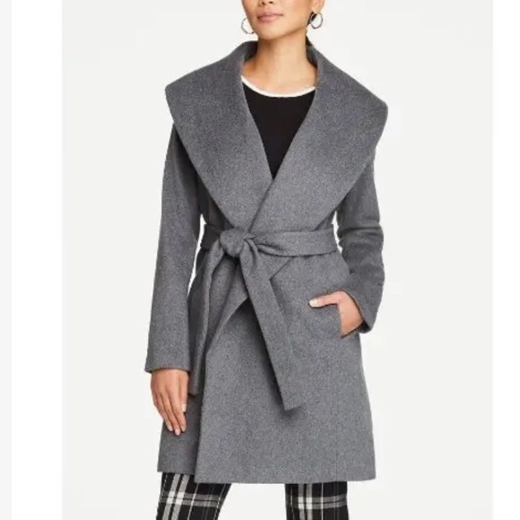 Ann Taylor wool coat shawl collar belted wrap jacket sz XS charcoal gray NWOT - Picture 1 of 7